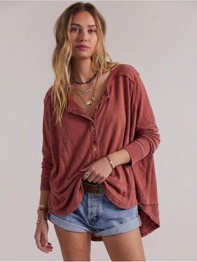 Free People Henley Top Embroidered Button Placket in Dusty Rose
